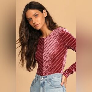 Lulus Save The Date Dusty Pink Velvet Striped Long Sleeve Bodysuit